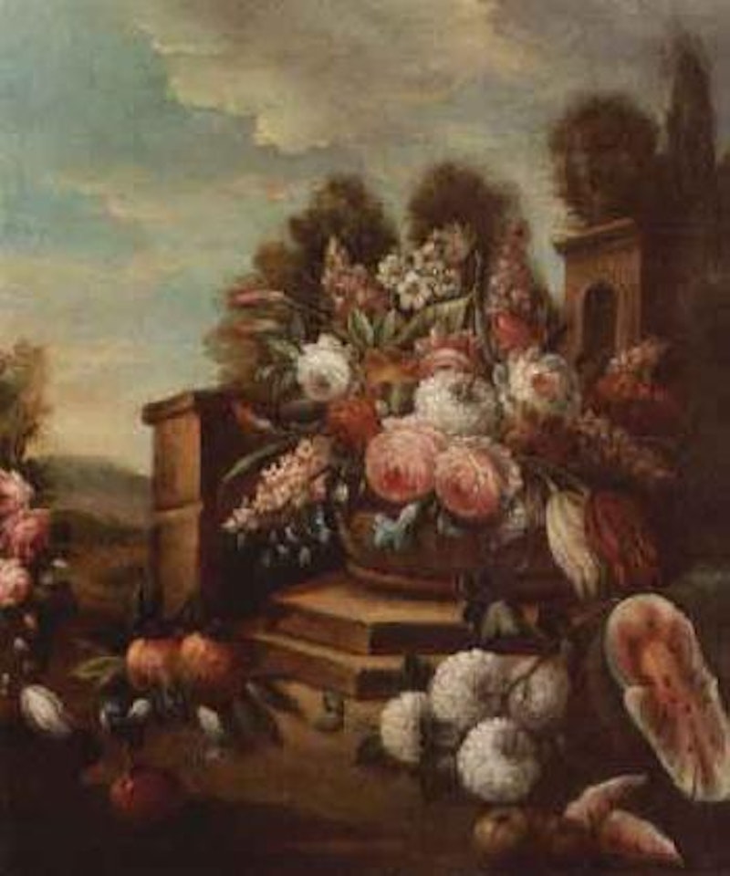 Flowers and fruit in landscapes by Gasparo Lopez