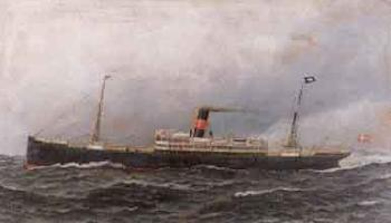 Twin-screw Dansih liner S S Hellig Olav at sea by Antonio Jacobsen