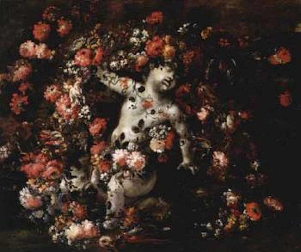 Stone putto with flower garden by Italian School