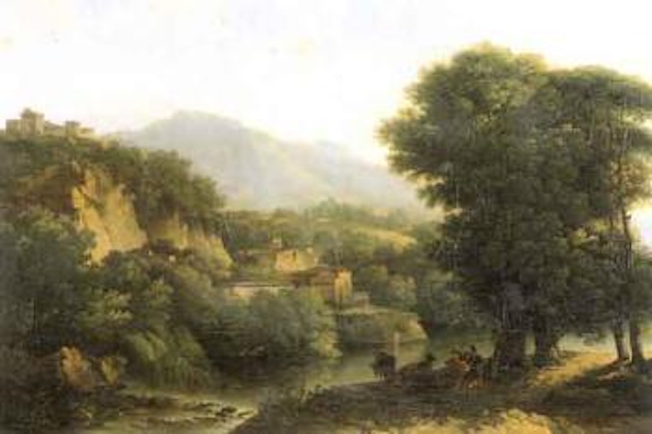 Arcadian landscape with herder and flautist by French School