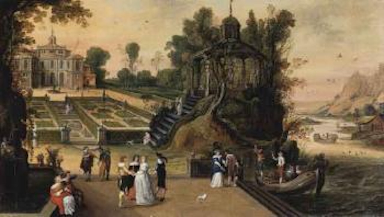 Elegant figures in park landscape with river by Flemish School