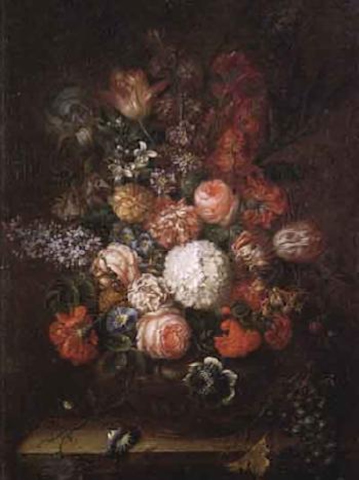 Still life of flowers on stone ledge by Dutch School