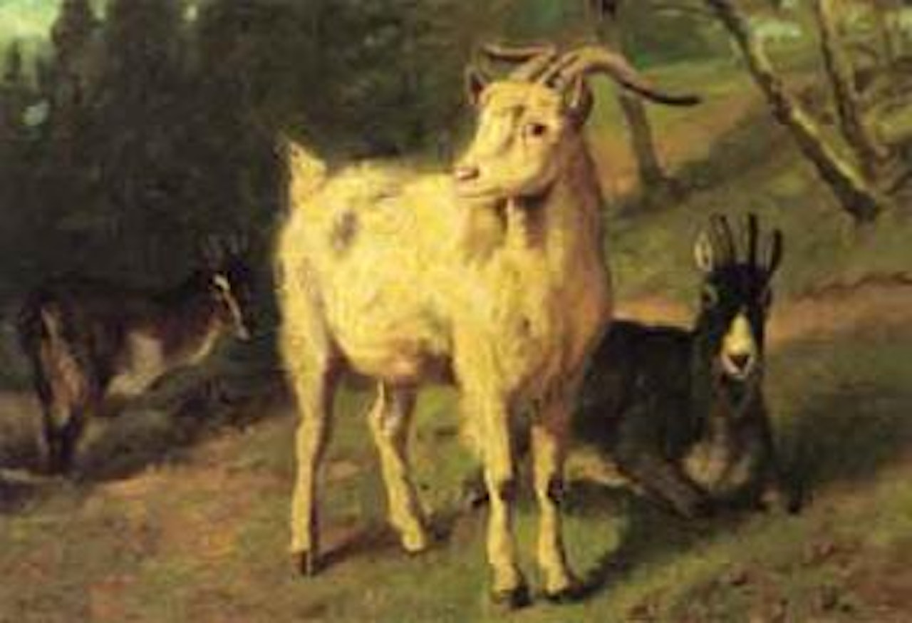 Goats in wooded landscape by Heywood Hardy