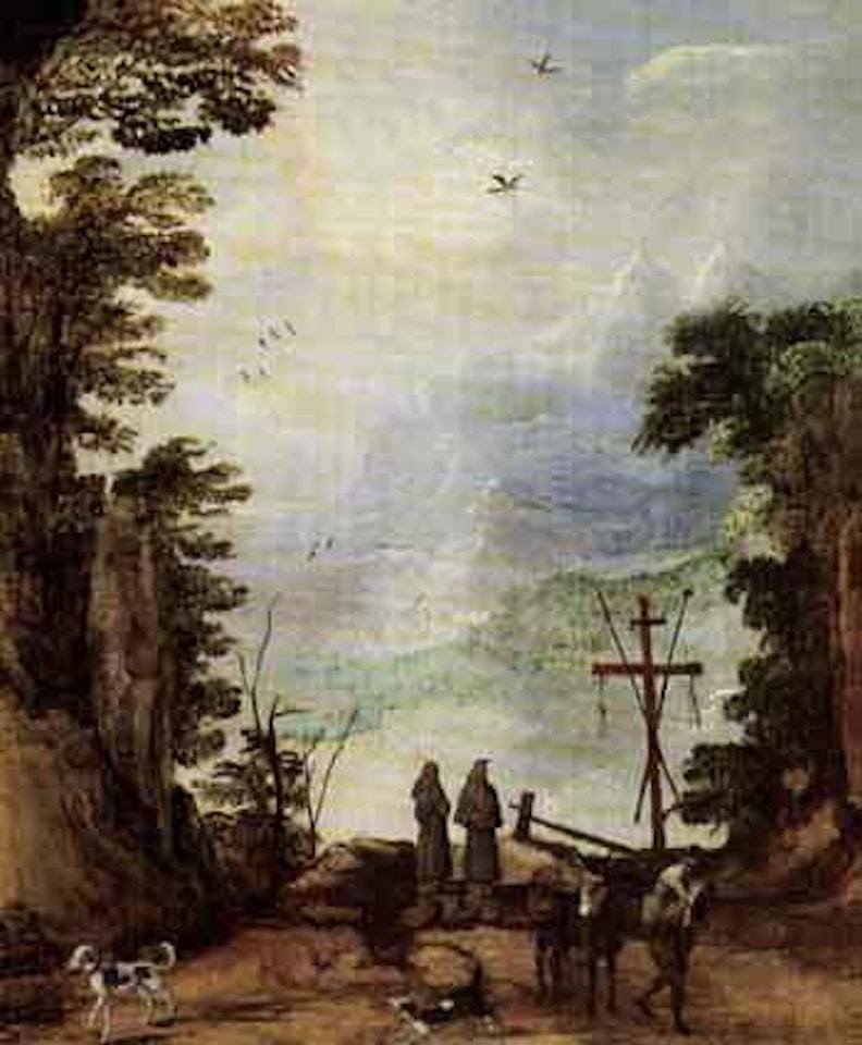 Rocky landscape with monks, traveller and dog by Joos de Momper the Younger