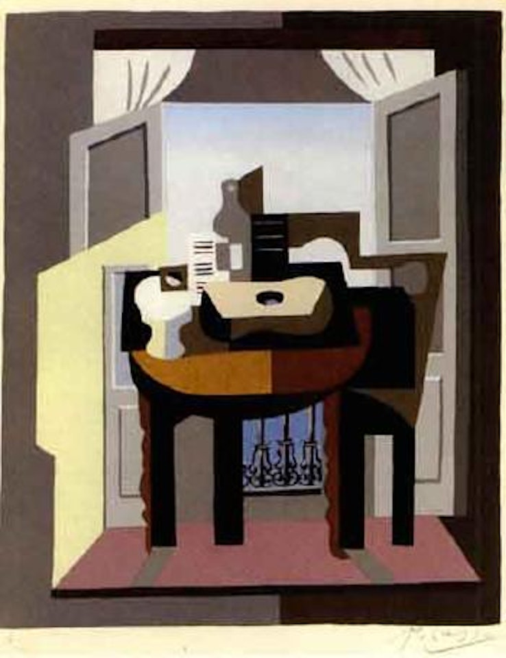 Compotier, partition, bouteille et guitare devant une fenetre by Pablo Picasso