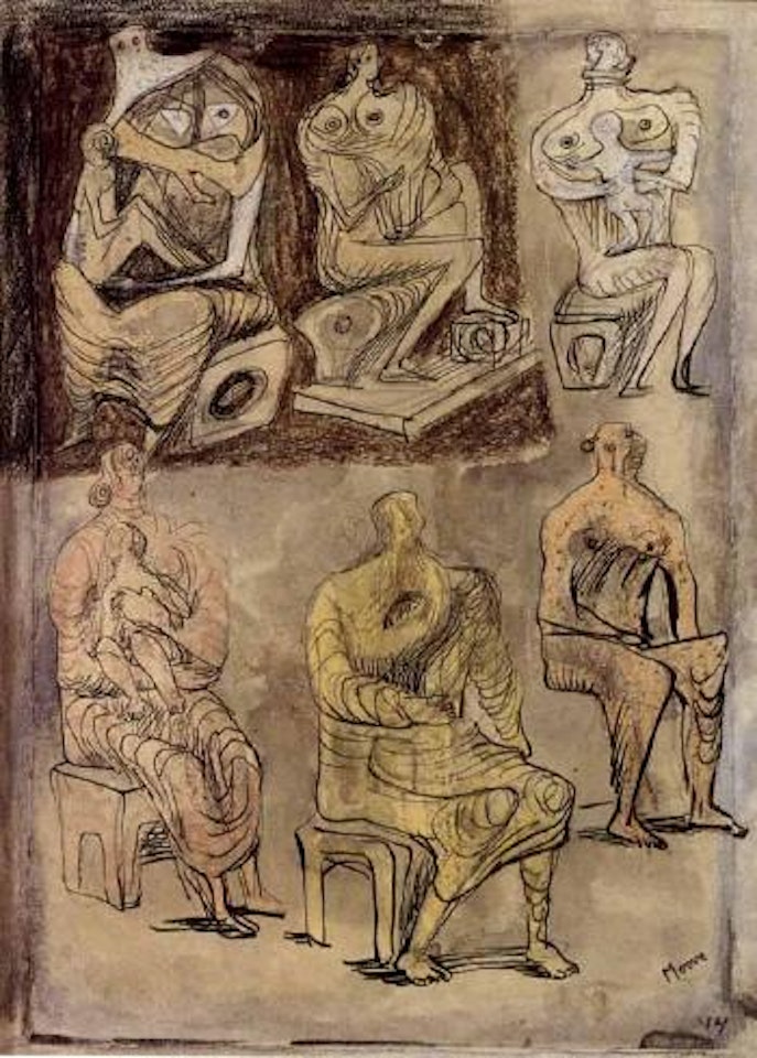 Page 17 from sketchbook 1944, six seated women by Henry Moore