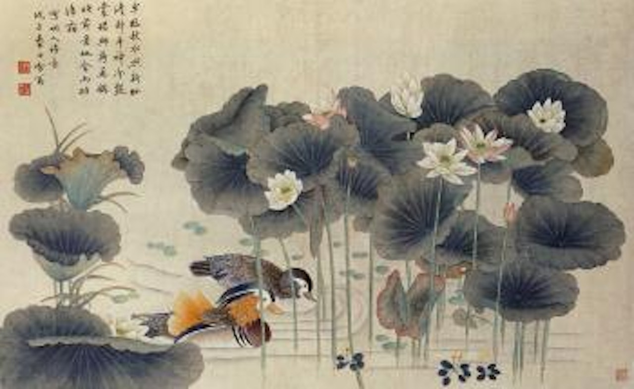 Mandarin duck in lotus pond by Chen Zhifo