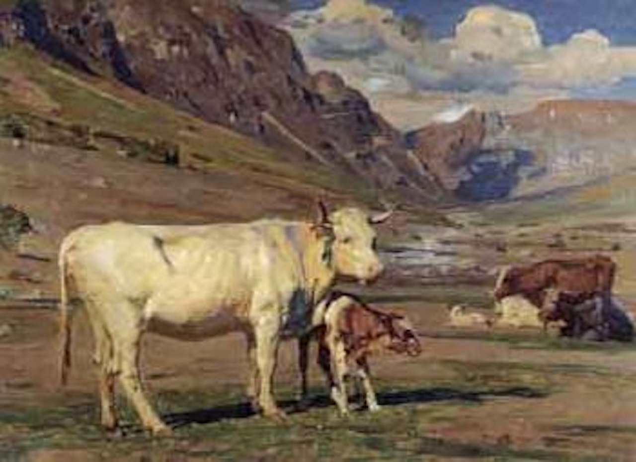 Cattle in mountainous landscape by Benito Rebolledo Correa