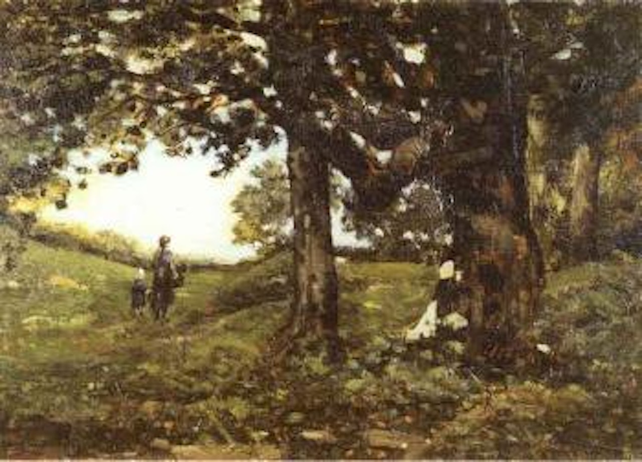 Mother and child on woodland path by Henri Harpignies