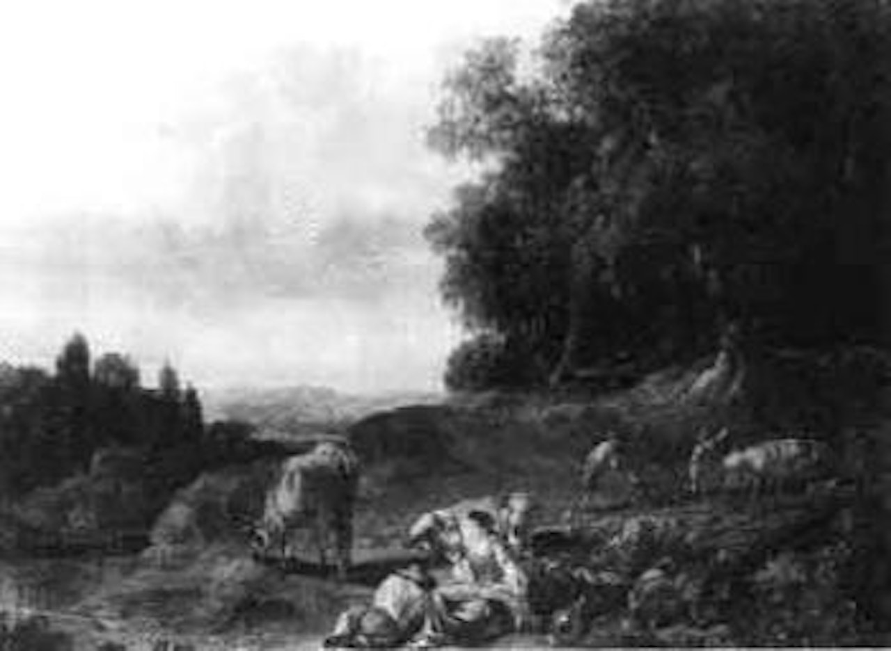 Shepherdess in landscape spinning by drover, cattle beyond by Nicolaes Pietersz Berchem