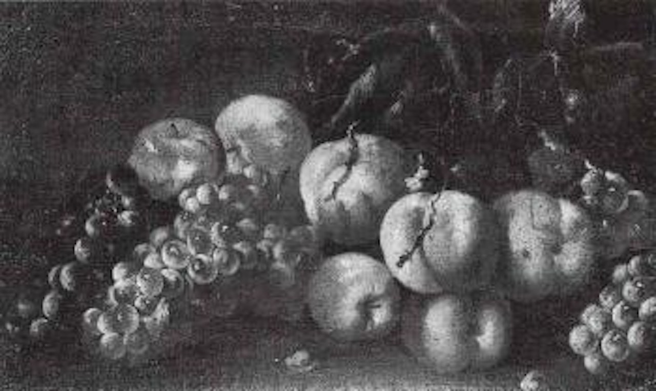 Still life of grapes, vines, peaches on ground by Michele Pace del Campidoglio