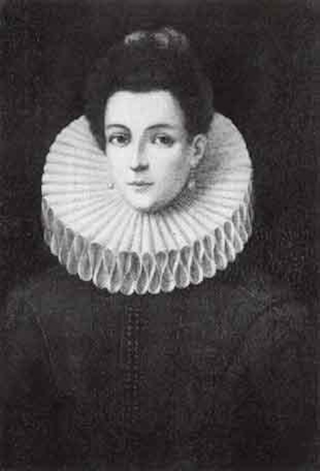 Lady wearing green dress, ruff collar, pearl earrings by Lavinia Fontana
