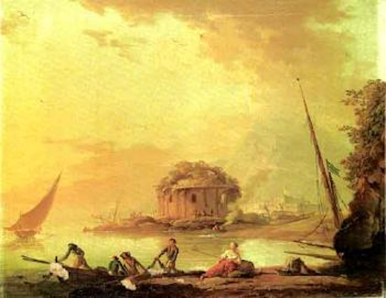 Fisherfolk pulling in nets at dusk by Mediterranean harbour by Charles François Grenier de Lacroix de Marseille