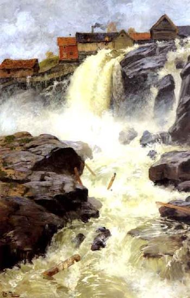 Haugsfossen - view with waterfall by Fritz Thaulow