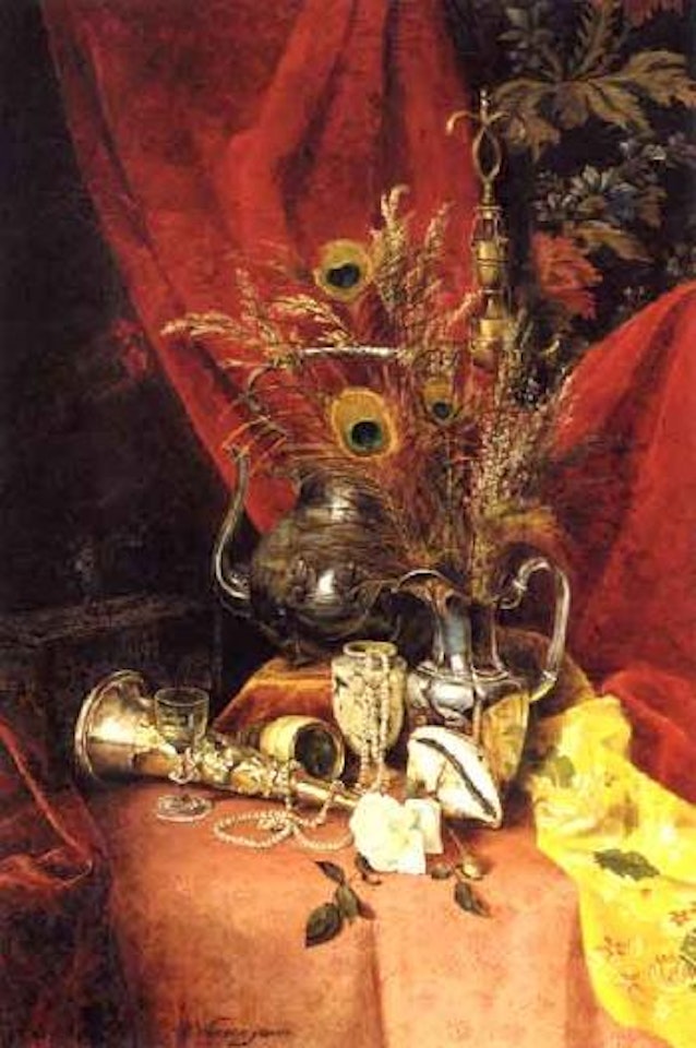 Still life of peacock-feathers, drinking horn and objects by Olga Wisinger-Florian
