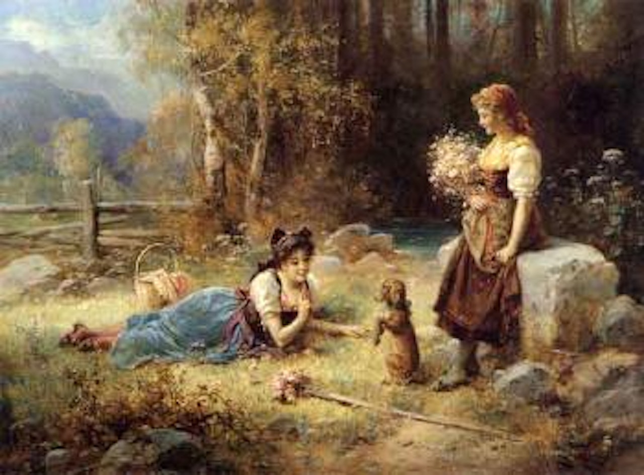 Sit! - landscape with two girls and dog by Hans Zatzka