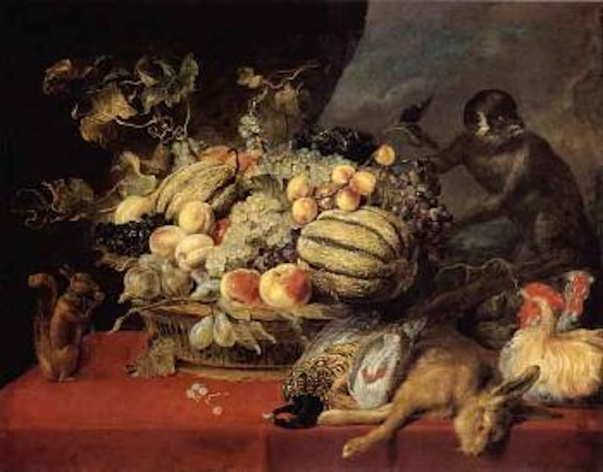 Still life of fruit, dead game and monkey by Frans Snyders