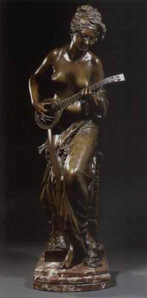 Scantily clad maiden, standing, plucking mandolin by Albert-Ernest Carrier-Belleuse