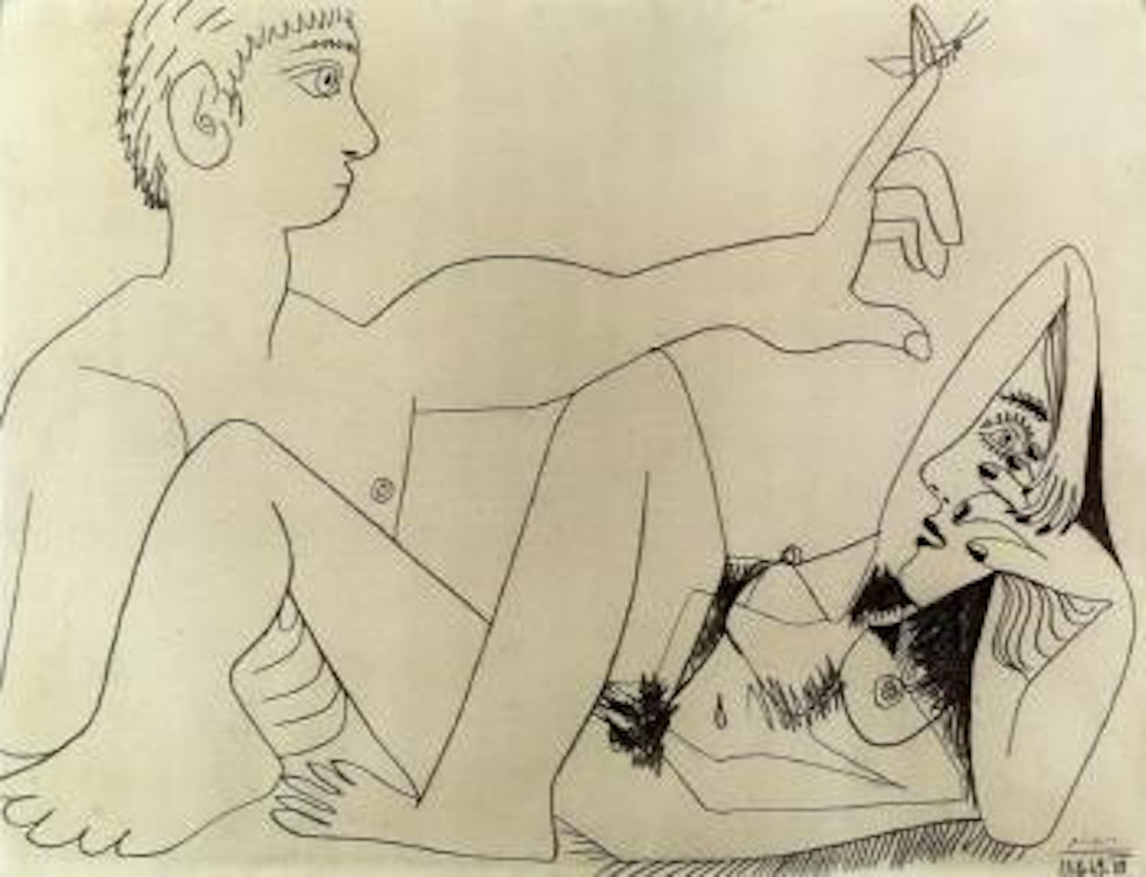 Homme a la sauterelle et nu couche by Pablo Picasso