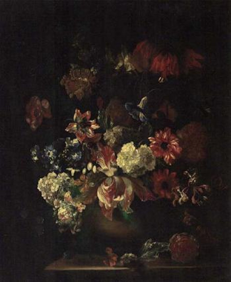 Tulips, peonies, other flowers in bowl on ledge by Pieter Hardime
