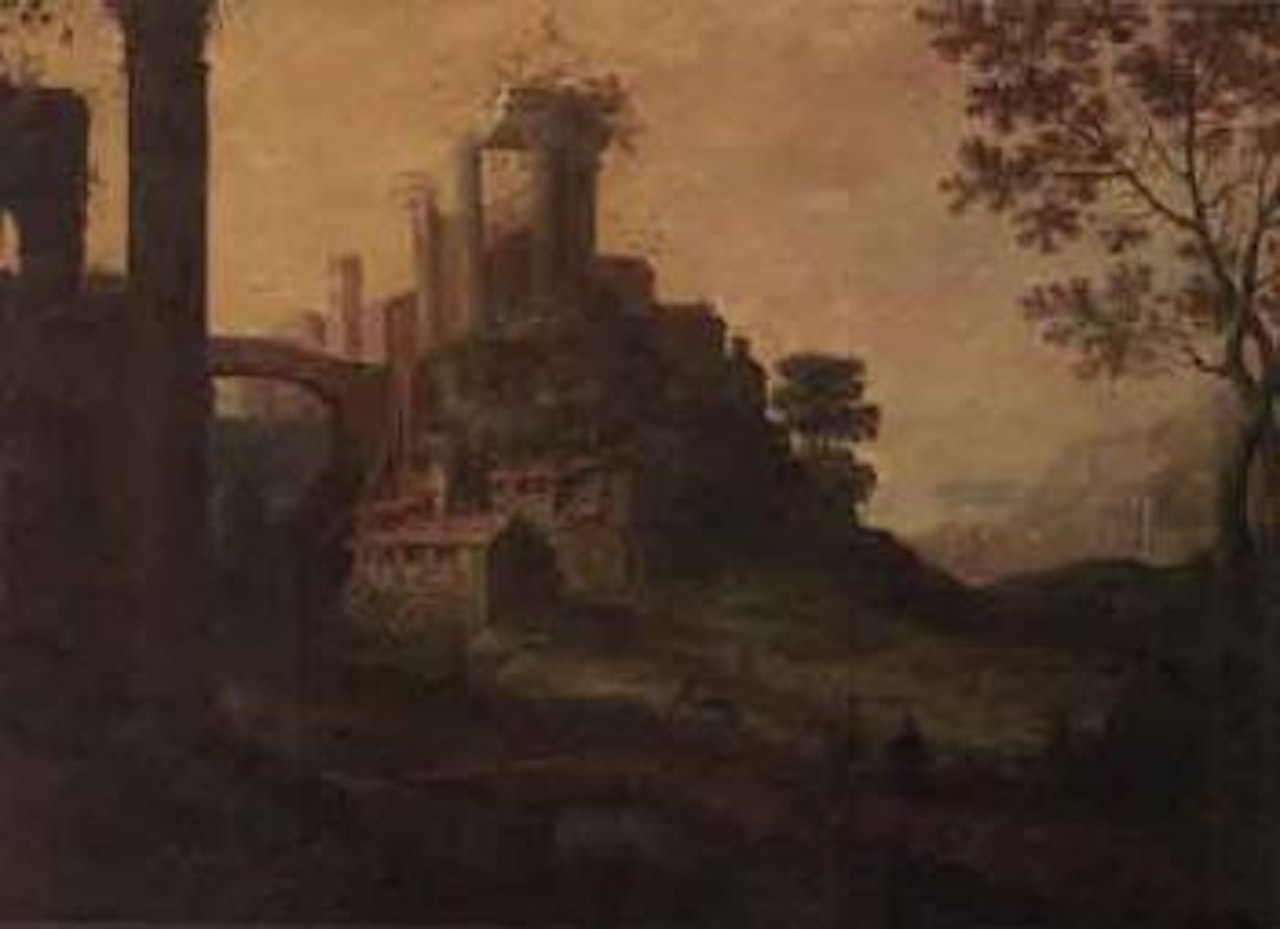 River landscape, wagon and travellers crossing bridge by Paul Bril