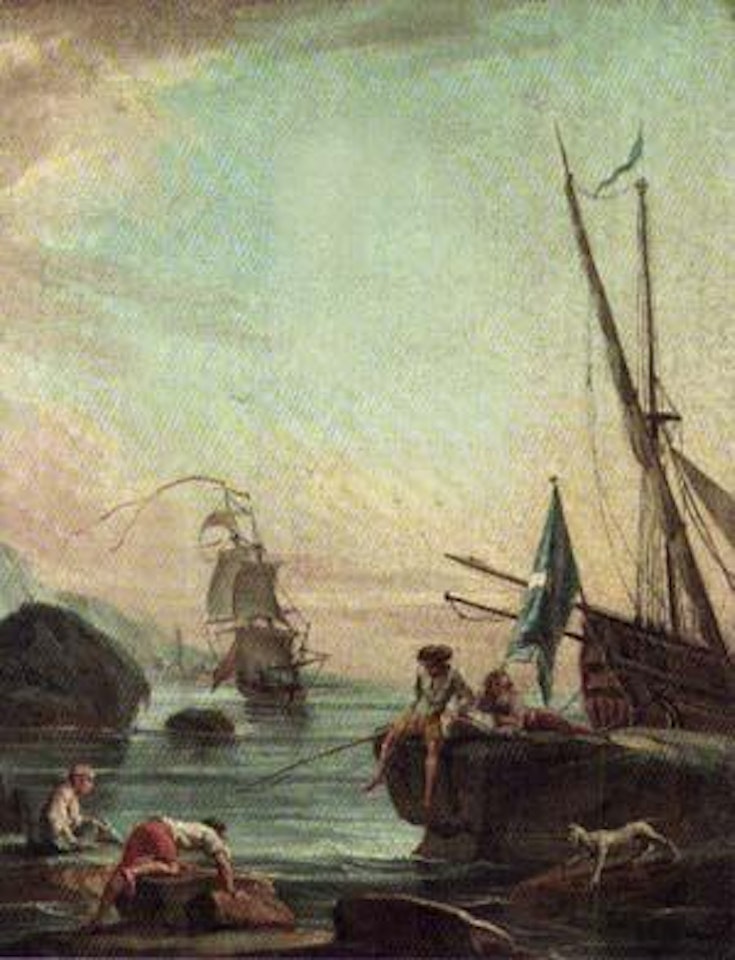 Fisherfolk on shoreline in calm by Claude Joseph Vernet