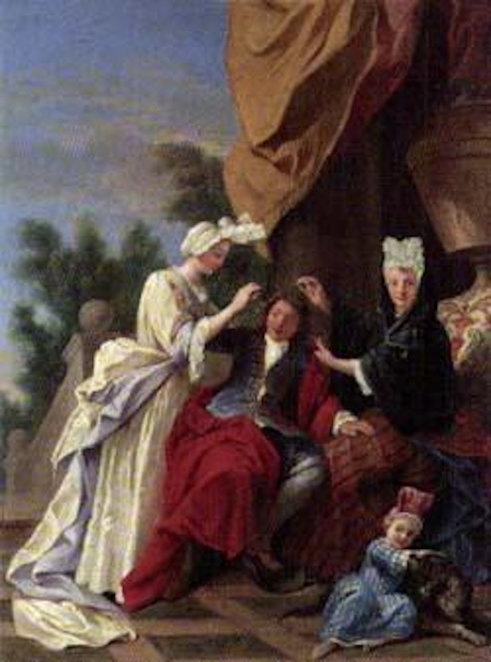 Ladies dressing gentleman's hair on terrace by Jean François de Troy