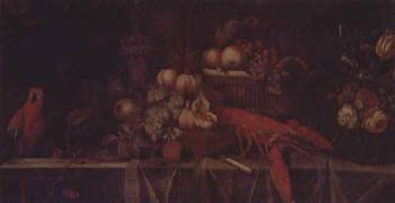 Basket of grapes and apples, peaches, grapes, melon, macaw by Jan Davidsz de Heem