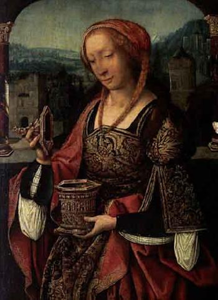St. Mary Magdalen on balcony, town beyond by Adriaen Isenbrandt