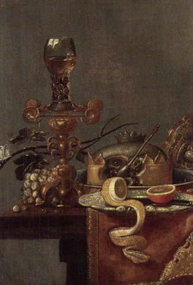 Lemon, orange, silver platter, pie, roemer, tazza on table by Willem Claesz Heda