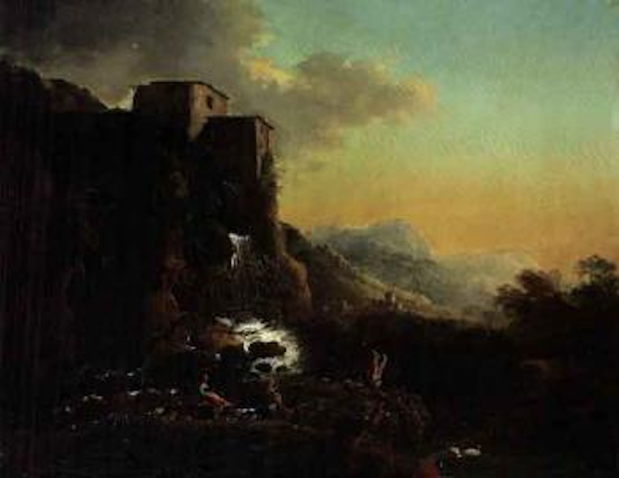 Shepherd and shepherdess by waterfall by Christian Wilhelm Ernst Dietrich