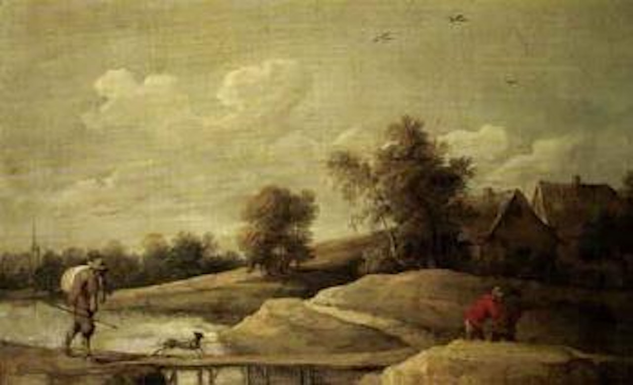 River landscape with traveller crossing bridge, two peasants by David Teniers II