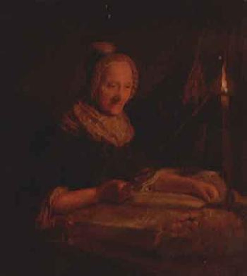 Old woman reading by candlelight by German School