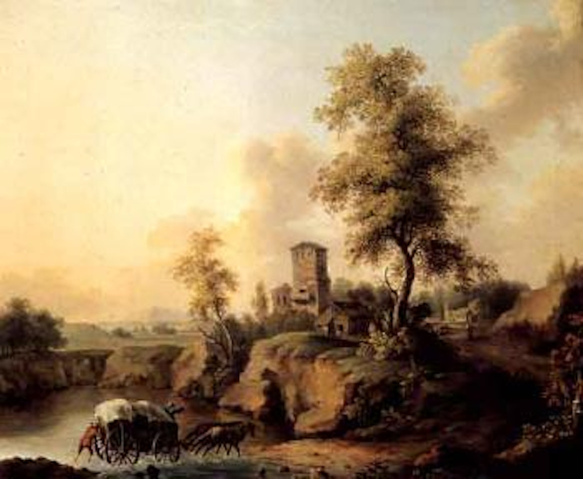 Landscape with figures by water-way by Jacob Philipp Hackert
