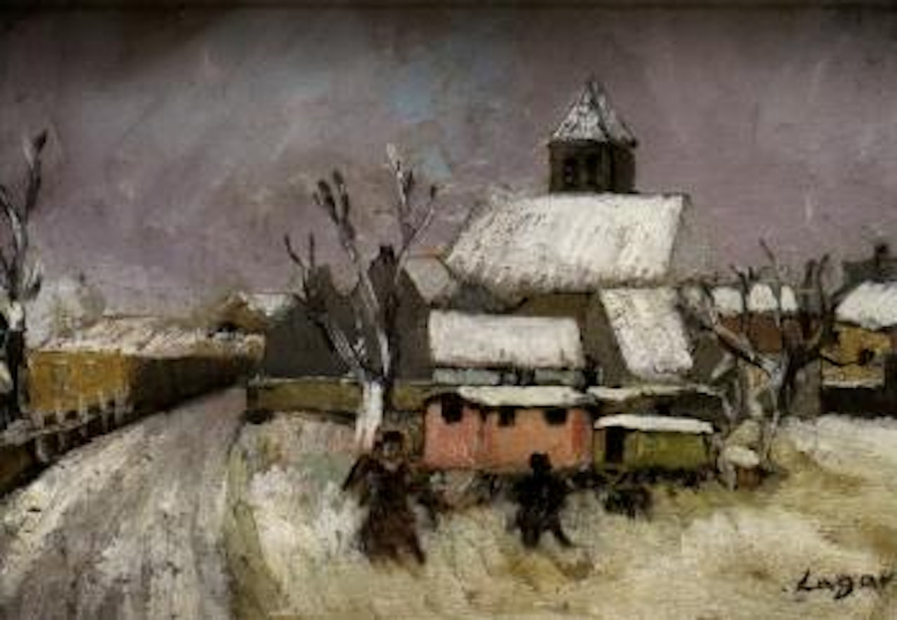 Snow landscape with circus caravan by Celso Lagar