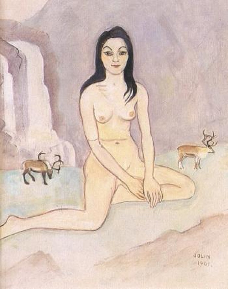 Nude girl and reindeer by Einar Jolin