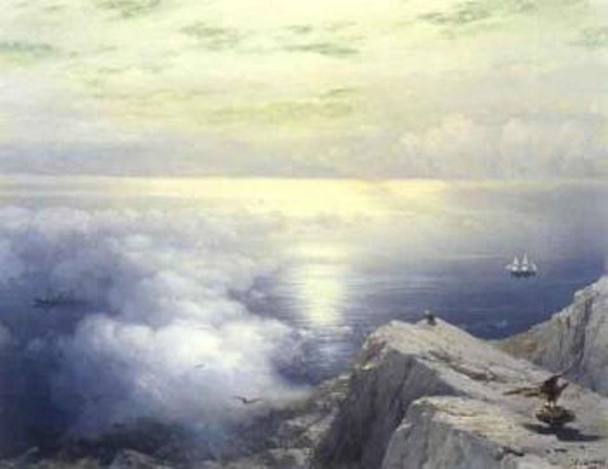Rocky coastal landscape with ships in distance by Ivan Konstantinovich Aivazovsky