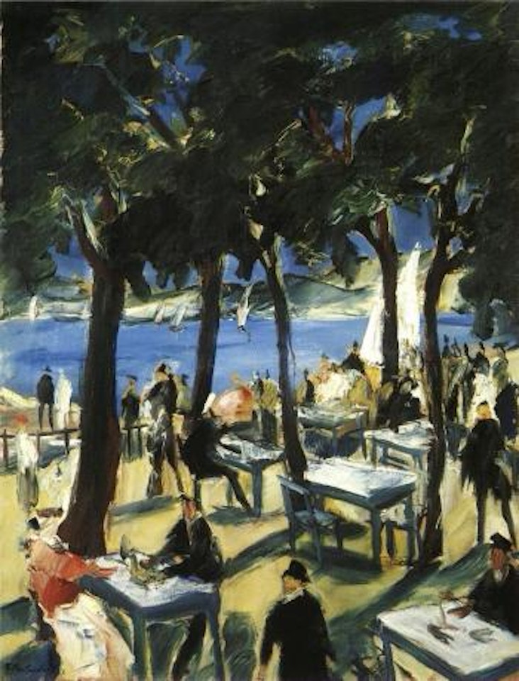 Beer garden on lake by Franz Heckendorf