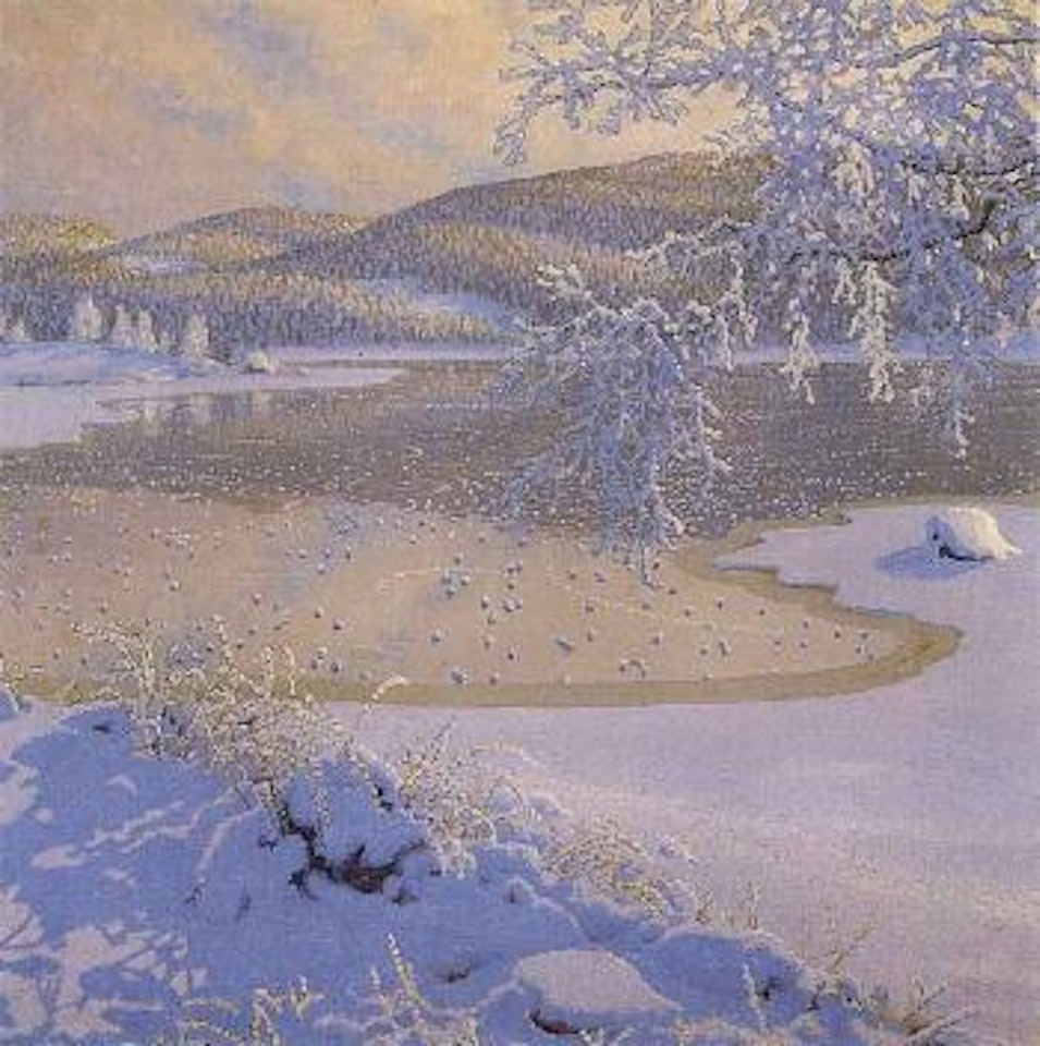 Winter landscape by water by Gustaf Fjaestad