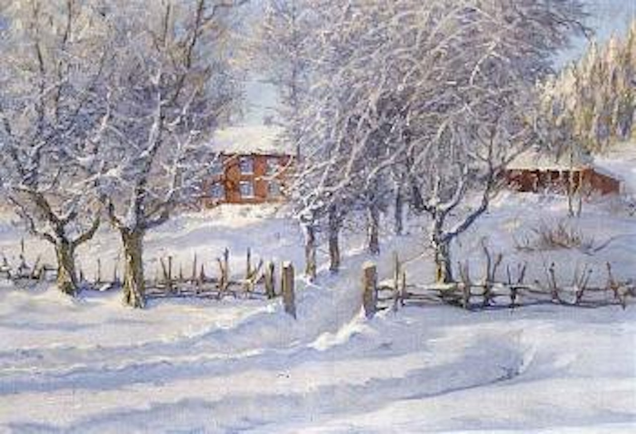 Landscape with red buildings, sunny winter's day by Anshelm Schultzberg