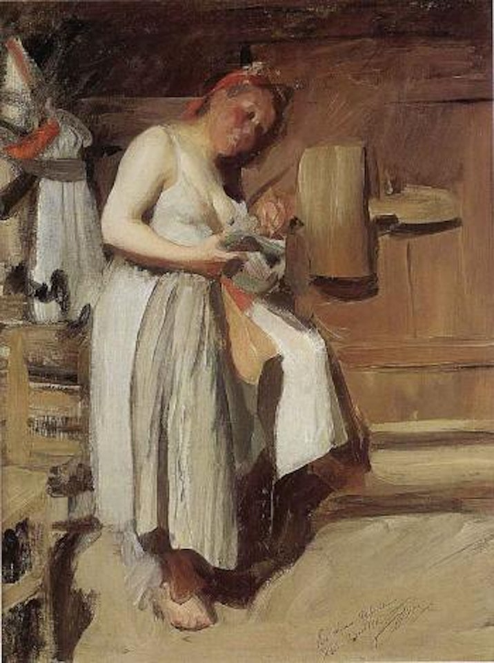 Is that you. . - interior with country girl by loft door by Anders Zorn