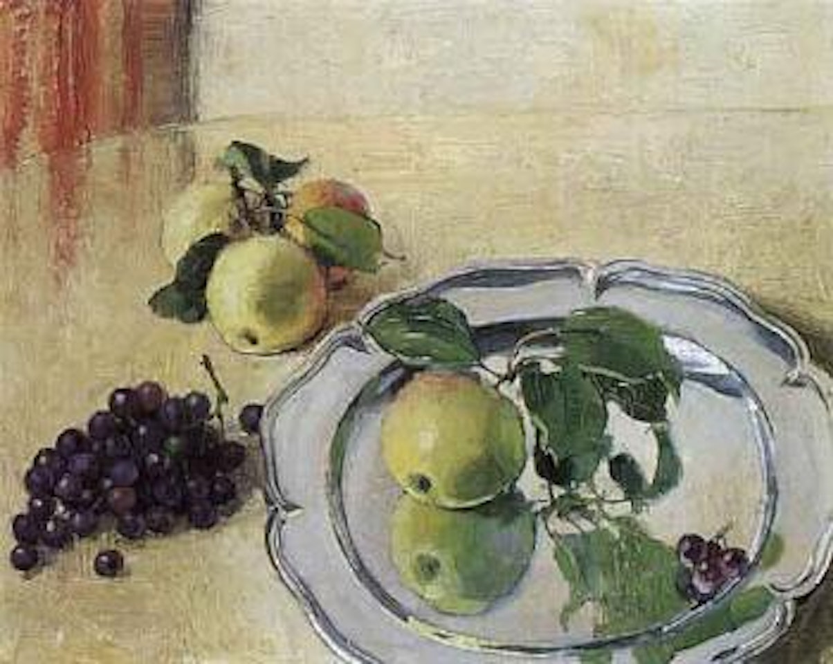 Still life with apples, grapes and silver tray by Olle Hjortzberg