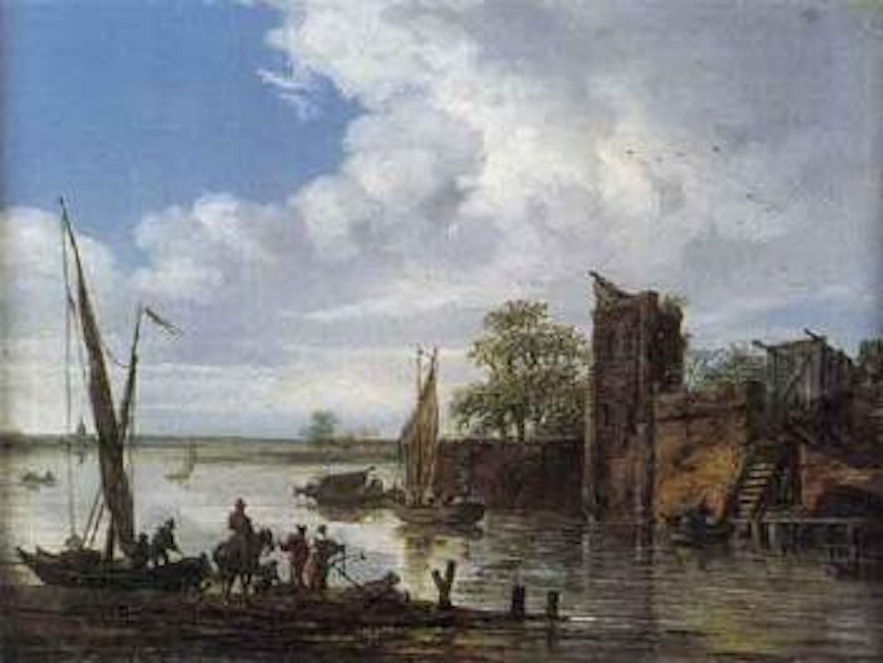 Landscape with boats and figures by Dutch School