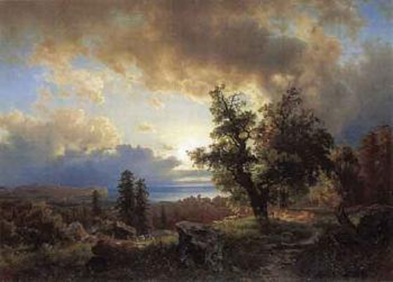 Landscape with cattle at sunset by August Wilhelm Leu
