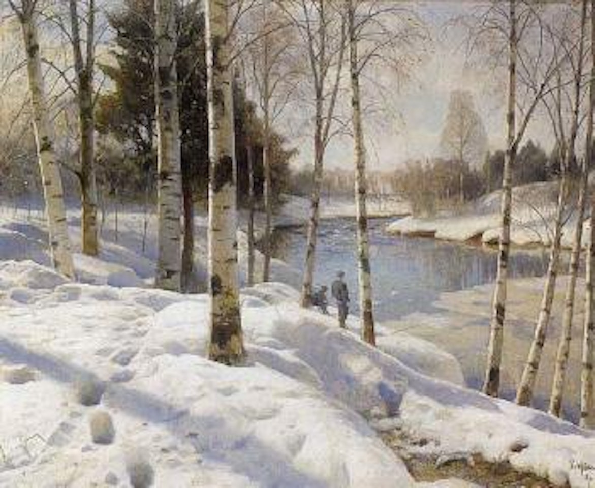 Winter landscape with anglers near the waterfall by Peder Mork Monsted