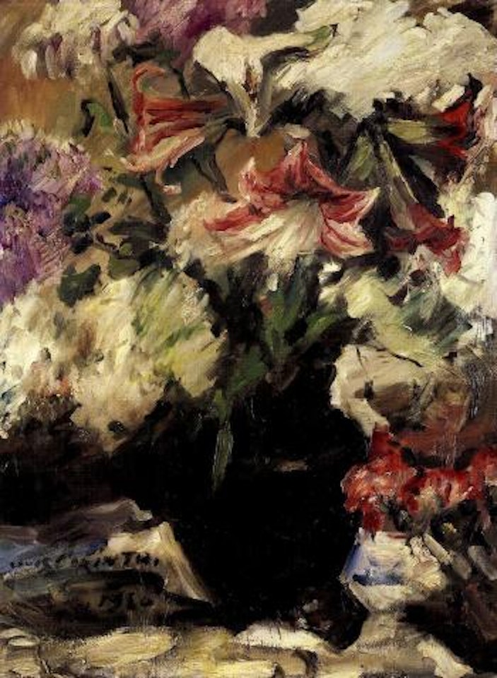 Amarylis and lilac in bronze vase by Lovis Corinth