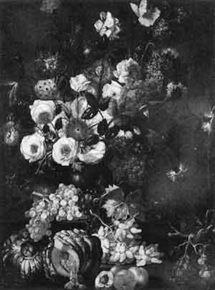 Still life of flowers, grapes, peaches and melons by Abraham Brueghel