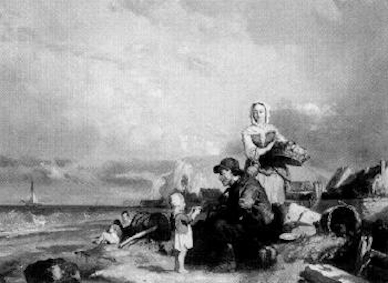 Fisher family along the shore by Dutch School