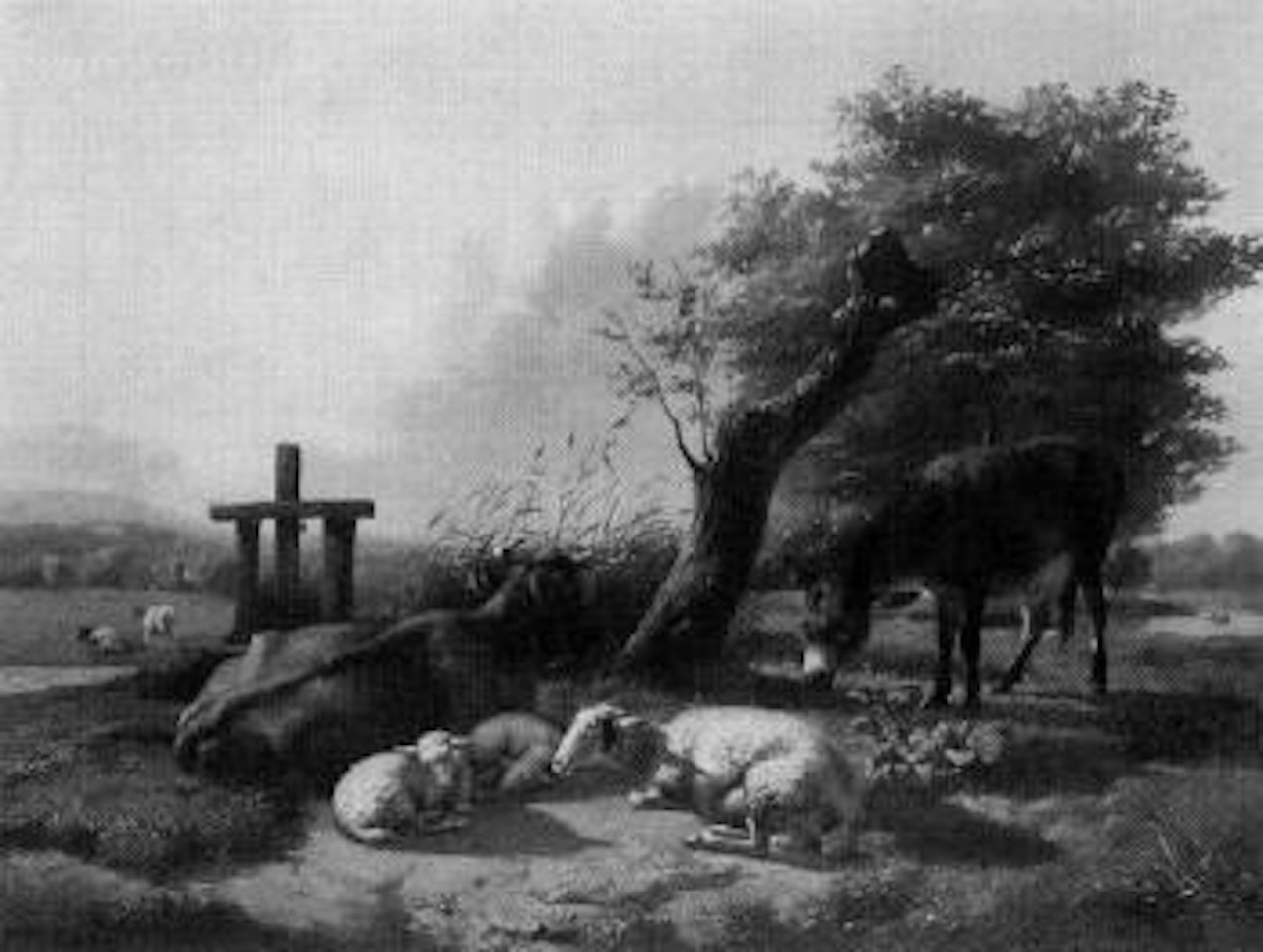 Sheep, cows and mule in landscape by Eugène Joseph Verboeckhoven
