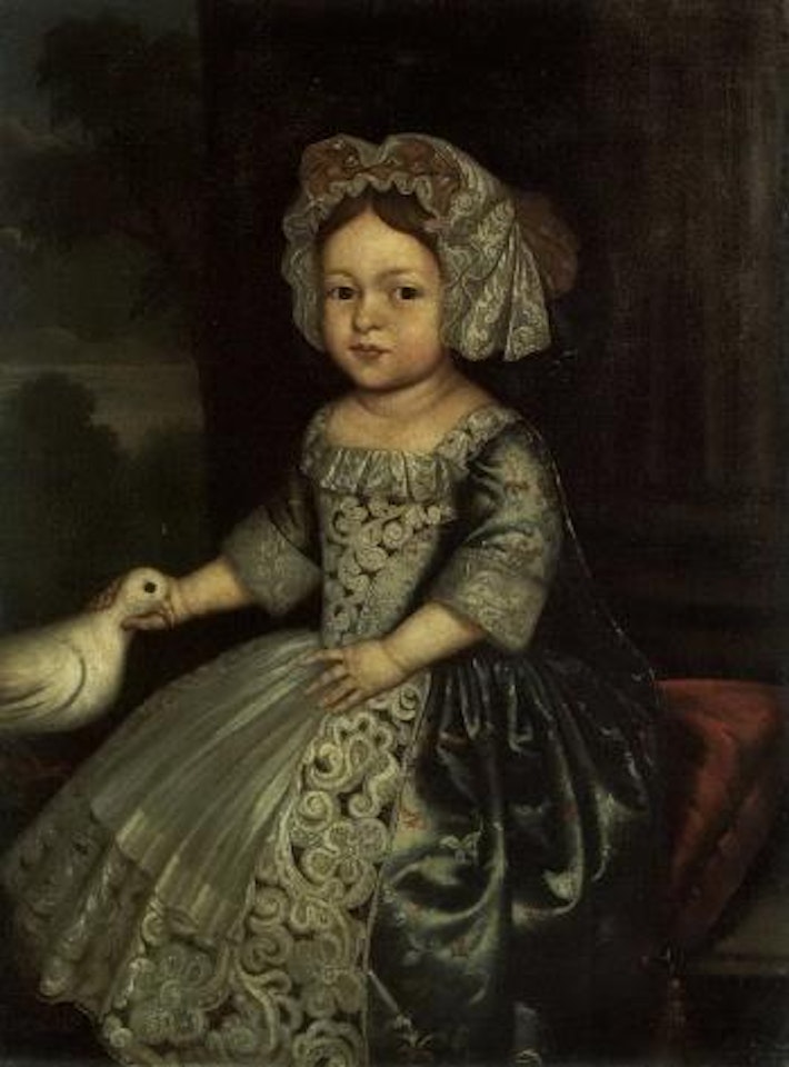 Portrait of girl in brocaded blue silk dress, holding a dove by English School